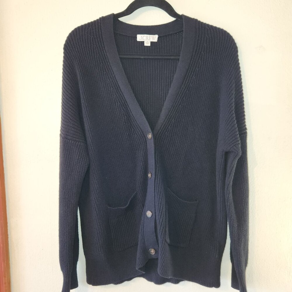 J crew Black Cotton Cashmere Heavy Shaker Knit Relaxed Cardigan Sweater Small